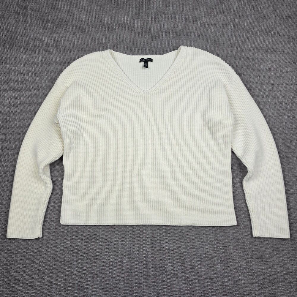 Eileen Fisher Sweater Womens Medium White Organic Cotton Ribbed V-Neck Pullover
